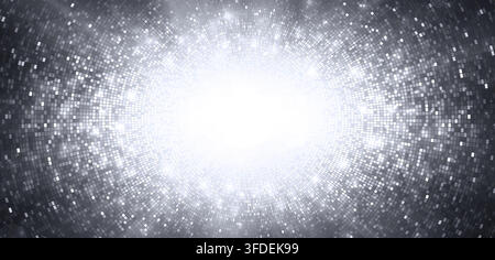 Abstract silver mosaic disco sequin pattern. Luxurious grey glittering halftone cover. Disco ball texture. Shining sun explosion backdrop. Gradient re Stock Vector