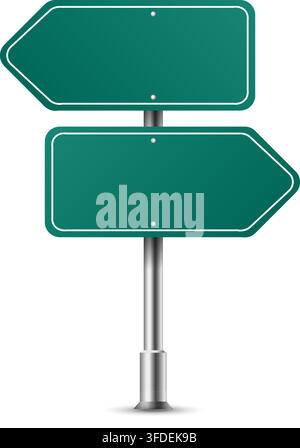 Realistic green arrows traffic sign on metal steel pole isolated. Green road panel mockup - direction highway, board traffic, city board location, str Stock Vector