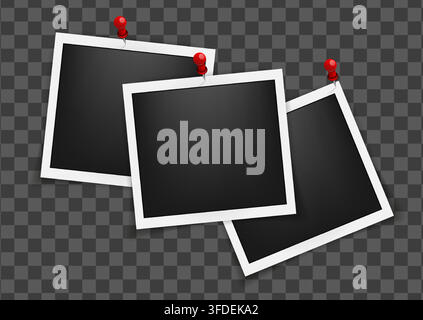 Realistic empty square photo frames on pins mockup isolated. Paper vintage instant photograph snapshot collage. Cardboard album picture tape with shad Stock Vector