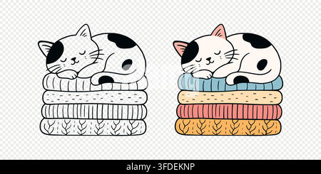 Sleeping Cat on Folded Blankets Set, Vector Illustration. Cute Black and White Kitten Cartoon in Outline and Colored Versions. Cozy Pet Resting on Stock Vector