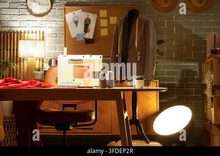 Interior of dark atelier with mens fashion designers workplace, mannequin and glowing lamps Stock Photo