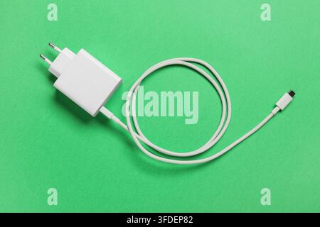 Energy efficiency and sustainable technology, white usb-c power adapter and charging cable on green background for electronic device power supply Stock Photo