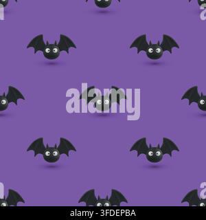 Bat Seamless Pattern, Vector Illustration. Cute Black Flying Bats with Big Eyes on Purple Background. Halloween Animal Repeat Background. Spooky Stock Vector