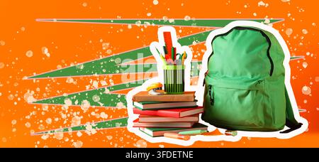 Back to school education concept, green backpack with stack of books and stationery supplies on a bright orange background with abstract graphic desig Stock Photo