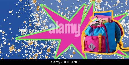Back to school education concept, colorful backpack with stationery supplies for students on a creative pop art background with abstract graphic eleme Stock Photo