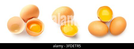 Nutrition and healthy eating, fresh brown chicken eggs with raw yolk and broken shell for cooking and baking ingredients isolated on white background Stock Photo