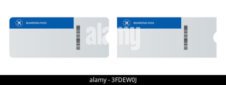 Boarding Pass Ticket Template Set, Vector Illustration. Blank Airline Boarding Passes with Blue Header. Flight Travel Coupon Mockup. Minimal Airport Stock Vector