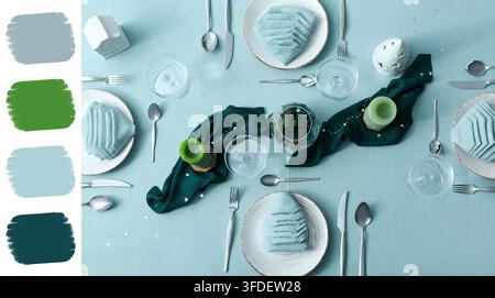 Holiday dinner party table setting, festive winter celebration and home dining with elegant place settings and green seasonal decor Stock Photo