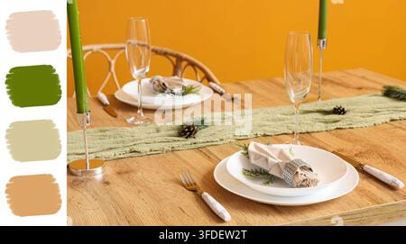 Holiday dinner table setting, festive dining and home hospitality with elegant place settings and natural winter decor on a wooden table Stock Photo