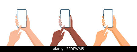 Hands Holding Smartphone Set, Vector Illustration. Flat Cartoon Diverse Skin Tone Hands Using Mobile Phone with Finger Touching Blank Screen. Modern Stock Vector