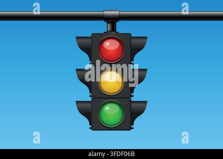 Traffic Light Hanging on Horizontal Pole, Vector Illustration. Red Yellow and Green Signal Lights on Blue Background. Road Safety and Transportation Stock Vector