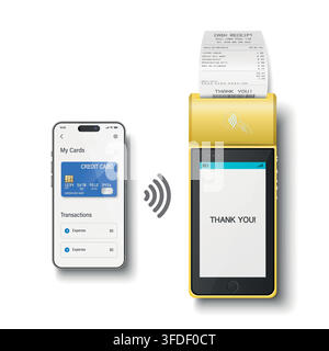 Contactless Payment with Smartphone and POS Terminal Isolated 3d Vector Illustration. Mobile Wallet Paying By NFC to Card Reader with Printed Receipt Stock Vector