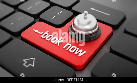 Book now word and bell on keyboard. 3D illustration. - Photomontage Stock Photo