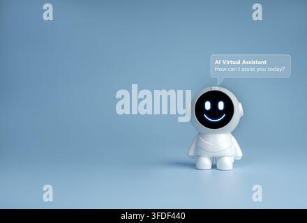 Friendly cute white AI customer support robot offering 24 hours virtual assistance on minimal blue background with space, ideal for chatbot, helpdesk Stock Photo