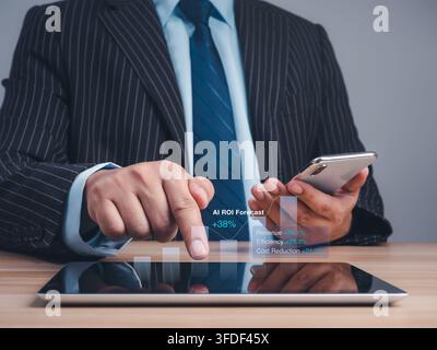 Business executive in suit reviews an AI ROI forecast with revenue growth, efficiency gains and cost reduction metrics. Measurable investment performa Stock Photo