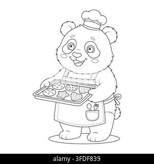 Cute line art vector illustration of a panda chef holding a cookie tray with delicious baked treats Stock Vector