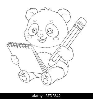 Cute line art vector illustration of a panda student holding a notepad and a big pencil Stock Vector