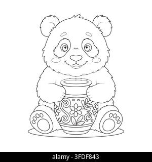 Cute line art vector illustration of a happy panda holding a pot with floral patterns Stock Vector