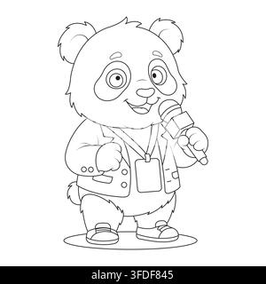 Cute line art vector illustration of a panda reporter holding a microphone and speaking Stock Vector