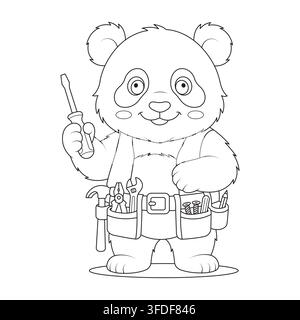 Cute line art vector illustration of a panda handyman holding a screwdriver and tools Stock Vector