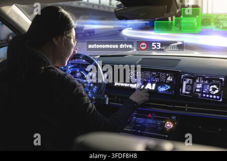Korean woman interacting with a futuristic AI autonomous driving dashboard and digital display Stock Photo