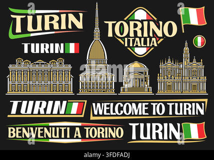 Vector set for Turin, collection with detailed illustrations of linear design famous turin historical landmarks at dusk, logotypes with various typefa Stock Vector