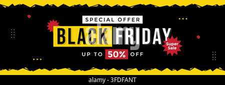 Modern Black Friday promotional banner template on black and yellow horizontal background perfect for retail marketing, and online store promotions. Stock Vector