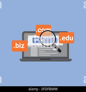 Flat Vector Domain Name Registration Concept with Laptop and Website Extensions Stock Vector