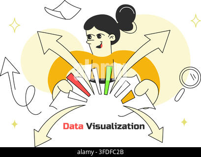 Data Visualization Vector Illustration Featuring Business Analytics, Financial Charts, Growth Statistics, Reports and Strategic Decision Making Stock Vector