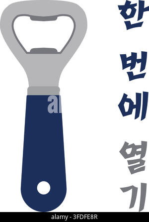 A handheld bottle opener with a dark blue grip appears beside Korean text meaning Open In One Go. Stock Vector