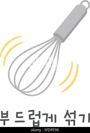 A metal kitchen whisk shown in motion appears above Korean text meaning Mix Gently. Stock Vector