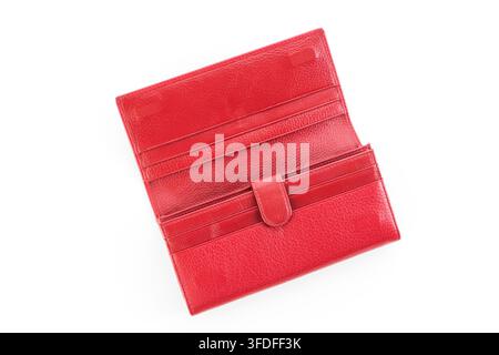 Open empty red leather wallet isolated on white background Stock Photo