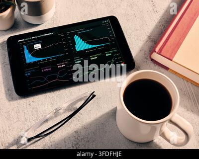 Data Analytics Dashboard on Tablet with Coffee and Workspace Stock Photo