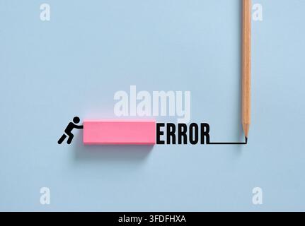 Error correction concept. Stick figure icon pushing a pink eraser, deleting the word ERROR. Stock Photo
