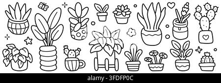 Houseplant line icon set. Aloe vera, cactus, succulent, lavender, philodendron and potted flowers linear doodle vector illustration. Bold easy outline Stock Vector