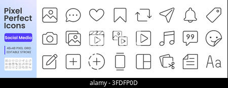 Social Media line icon set. Content, post, photo, video, story, comment, share, bookmark, notification linear minimal vector illustration. Simple Stock Vector