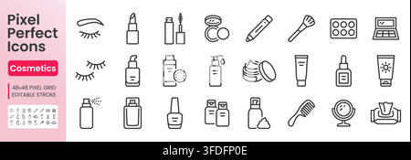 Cosmetics line icon set. Makeup, lipstick, mascara, powder, skincare sunscreen, perfume beauty pictogram, linear minimal vector illustration. Simple Stock Vector