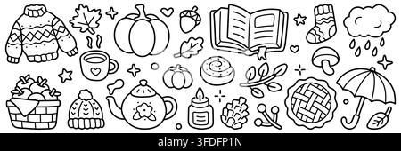 Autumn cozy line icon set. Sweater, pumpkin, maple leaf, acorn, book, umbrella, mushroom, apple pie linear doodle vector illustration. Bold easy Stock Vector