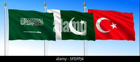 Mecca Agreement 2026, flags of the three participating states, Saudi Arabia, Pakistan, Turkey, vector illustration Stock Vector
