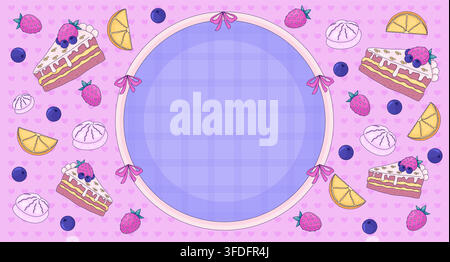 Kawaii dessert frame with cake berries and citrus fruit lofi aesthetic background Stock Vector