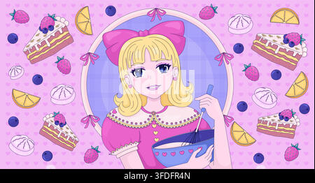 Retro anime girl whisking batter in sweet dessert frame lofi aesthetic illustration Stock Vector