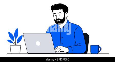 Man Working on Laptop at Office Desk Flat Vector Illustration Stock Photo