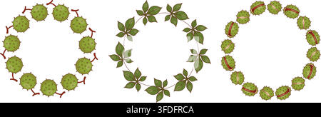 Autumn Chestnut Wreath Set. Botanical Circle Frame with Leaves and Brown Nuts In Spiky Green Husks. Isolated Round Blank Template for Postcard and Tex Stock Vector