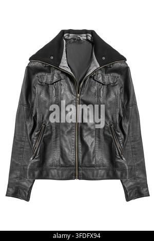 Black leather zipped jacket isolated on white background Stock Photo