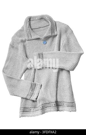 Grey knit oversize pullover with one blue button isolated on white background Stock Photo