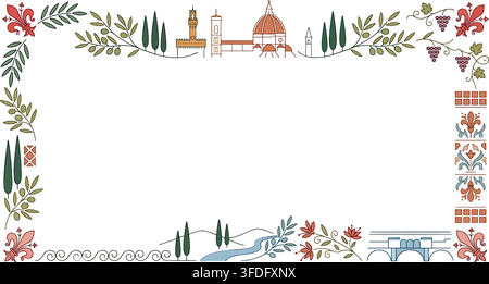 Elegant Florence travel invitation template vector illustration with Tuscan decorative frame and hand drawn line art landmarks. Stock Vector