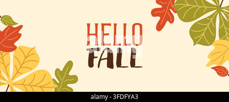 Hello fall autumn leaves vector banner template for seasonal social media Stock Vector