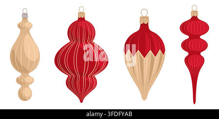 Red and gold Christmas icicle ornaments flat vector set for holiday decor Stock Vector