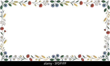 Elegant hand drawn wildflower frame template vector illustration with poppies and cornflowers. Vintage botanical border. Stock Vector