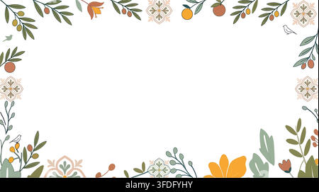 Elegant Mediterranean vector border frame illustration with olive branches, citrus, and Portuguese azulejo tiles. Stock Vector